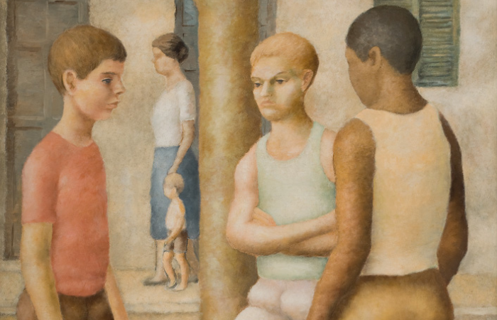 Imagem mostra pintura de três meninos e mulher com filho ao fundo