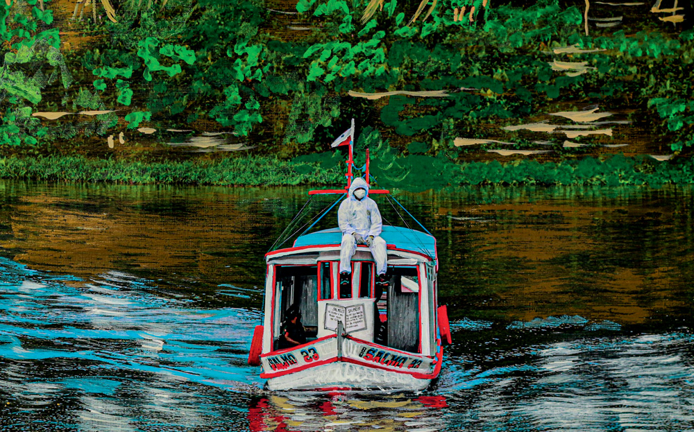 Imagem mostra pintura colorida que mostra um barco navegando em um rio