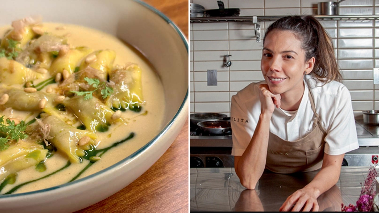 Duas imagens unidas por linha vertical branca. À esquerda prato fundo com massa e molho branco. À direita, mulher branca chef apoiada em bancada metálica na cozinha.