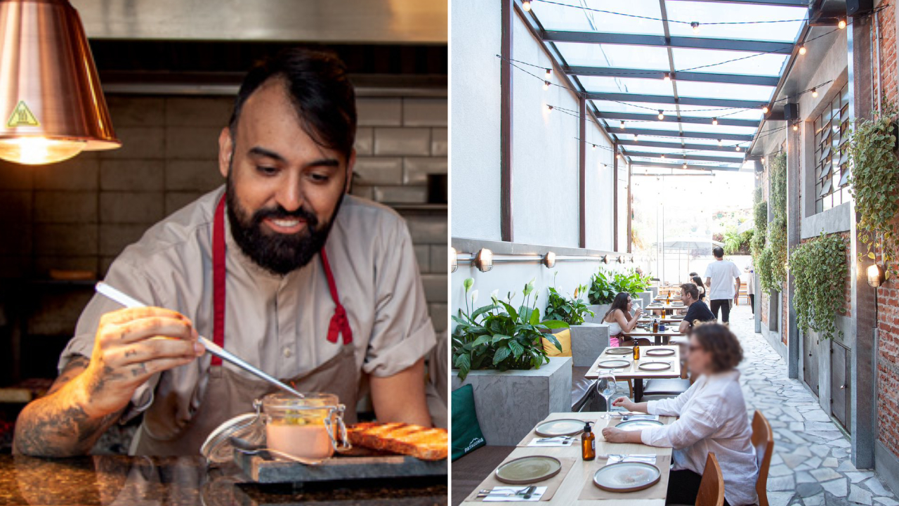 Duas imagens divididas por linha fina branca. À esquerda, chef de cozinha finalizando prato na boqueta. À direita, salão de restaurante durante o dia.