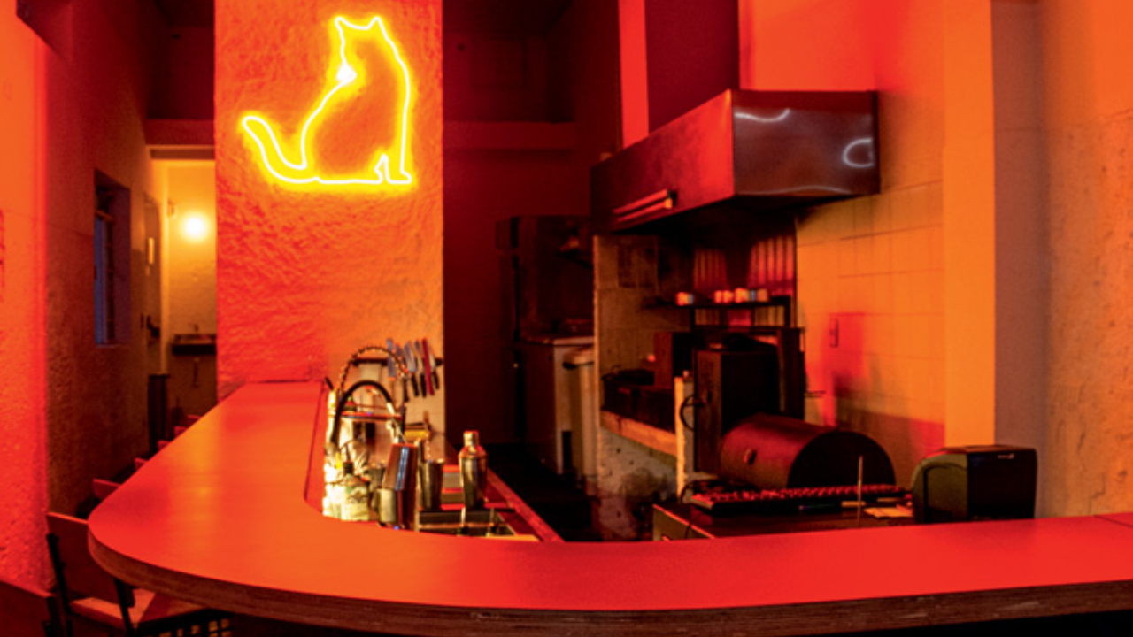 Salão de bar com balcão sinuoso vermelho à frente, churrasqueira no fundo direito e neon de gato na parede.