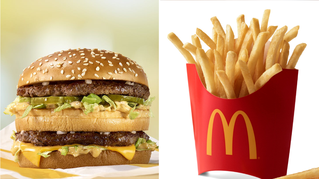 Duas imagens unidas por linha vertical branca. À esquerda, hambúrguer duplo big mac. À direita, batata frita do Mc Donald's em embalagem vermelha.