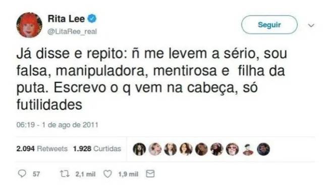 Tuíte de Rita Lee