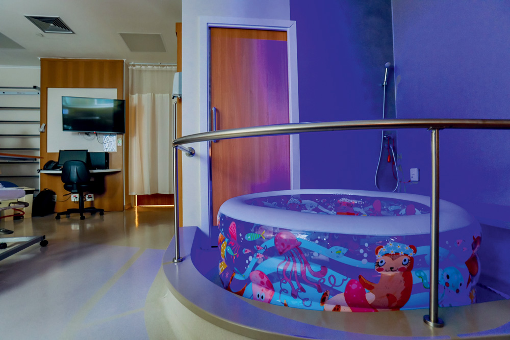 Quartos e leitos da maternidade e pediatria. Quarto com banheira e porta de madeira.