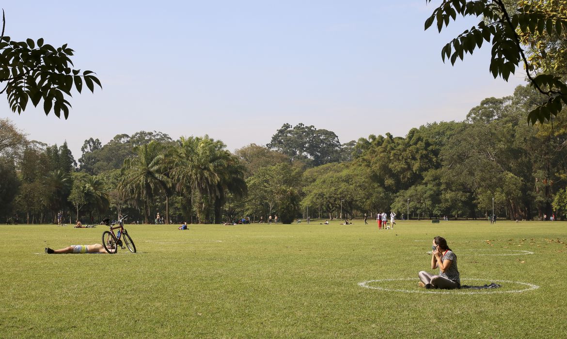 Pessoas sentadas dentro de um círculo, durante o isolamento social de 2020, no Parque Ibirapuera