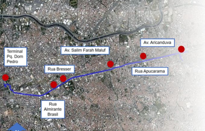 Mapa mostra traçado de futuro BRT da Radial Leste