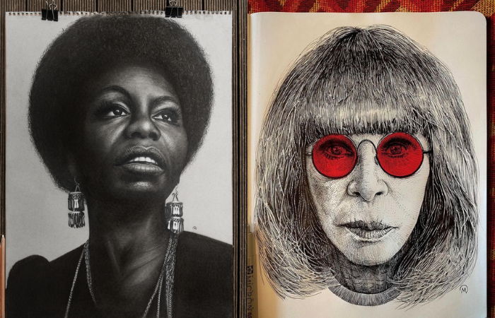 Imagem mostra duas ilustrações, à esquerda de Nina Simone, e à direita de Rita Lee