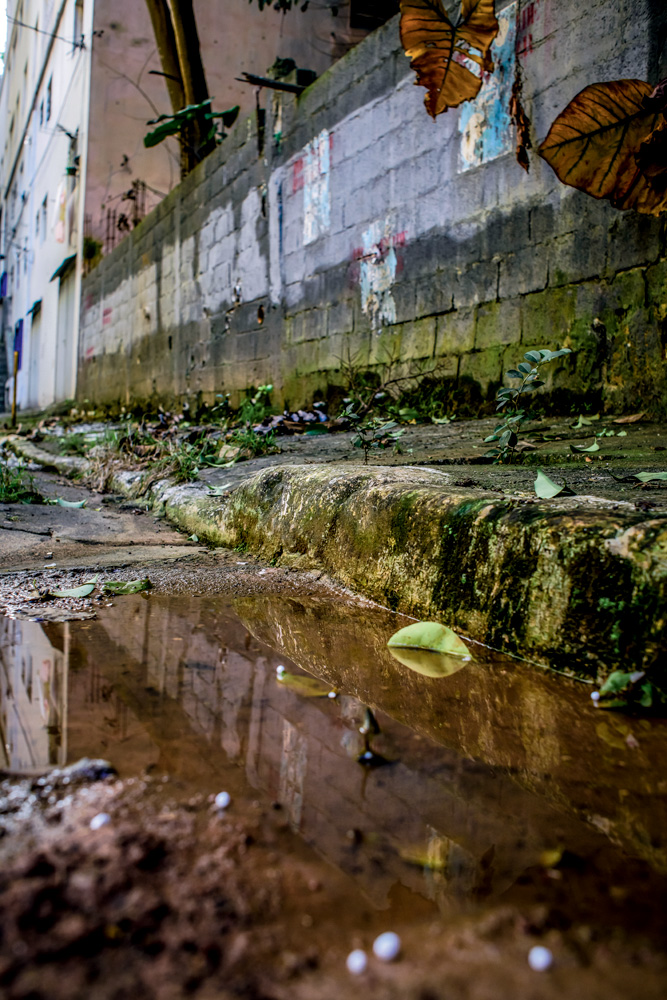 Foto de uma poça no beco da rua Garcia Fernandes; acima, muro com inscrição de Grota do Bixiga