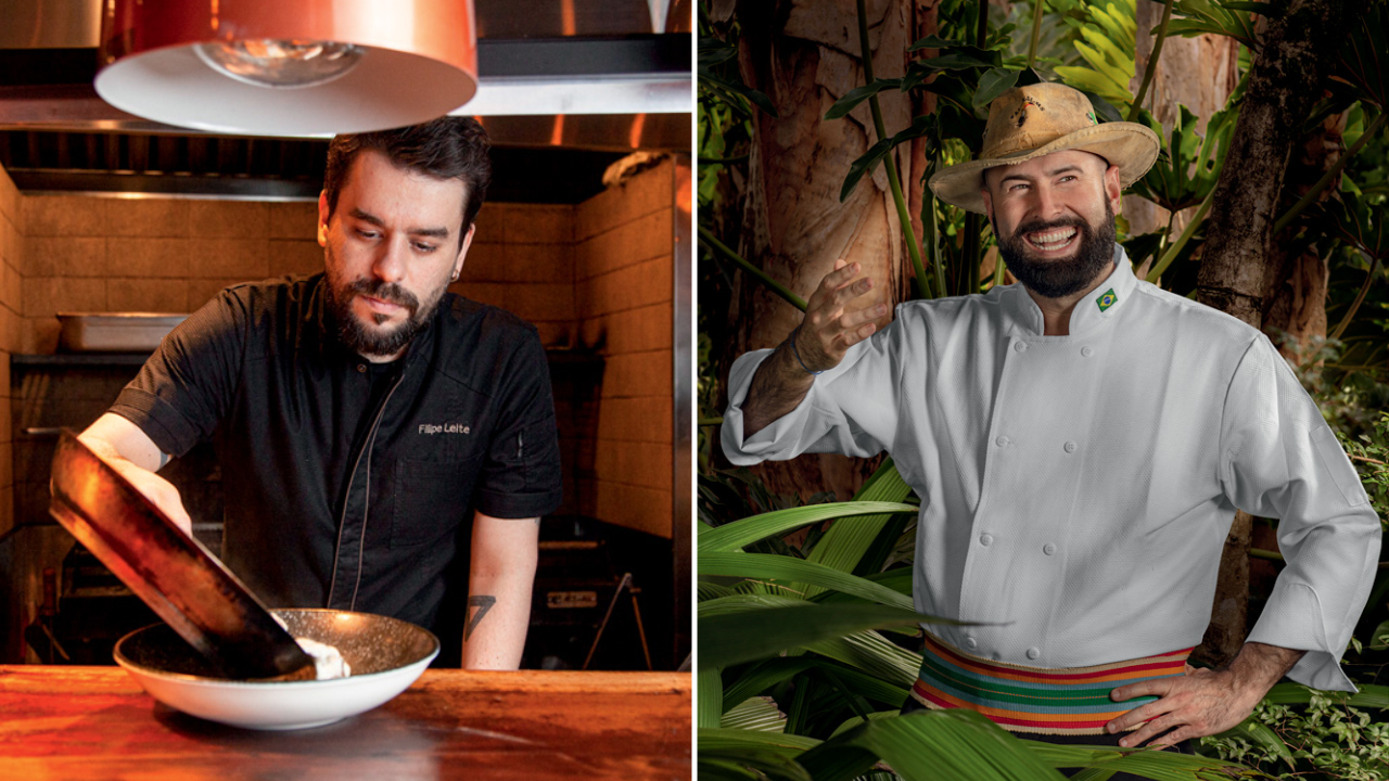 Duas imagens divididas por linha fina branca. À esquerda, chef de cozinha finalizando prato na boqueta. À esuqerda, chef de dólmã e chapéu de palha em meio a plantas.
