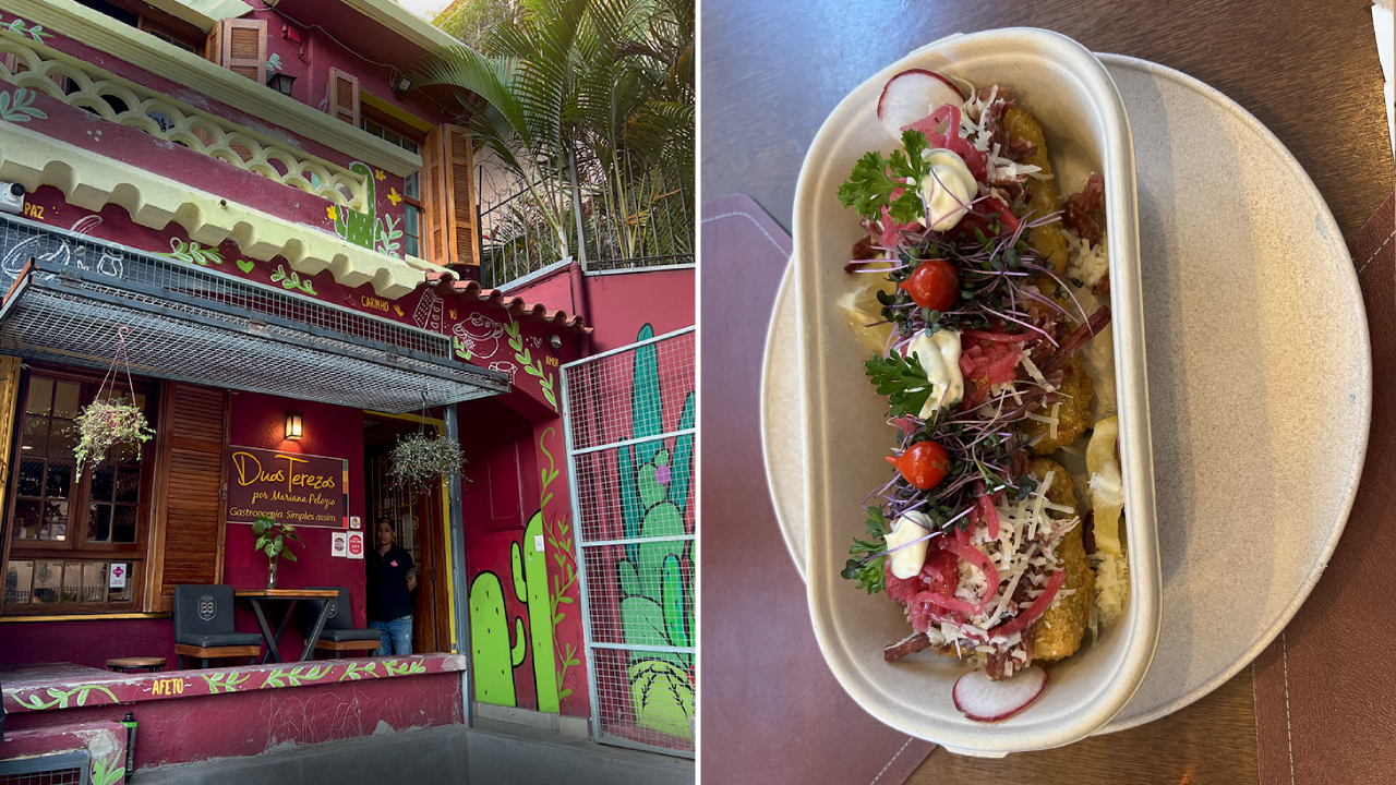 Duas imagens divididas por linha branca. À esquerda a fachada rosa e colorida do restaurante Duas Terezas. À direita, prato reciclável com mandioca coberta por brotos.