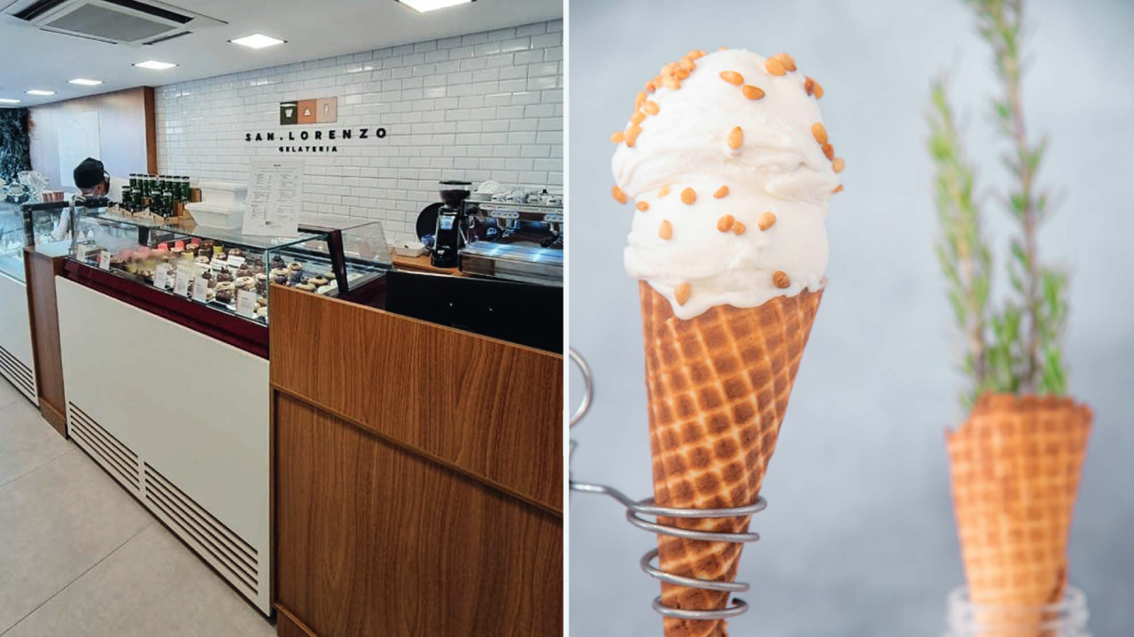 Duas imagens divididas por linha fina branca. À esquerda, balcão da San Lorenzo Gelateria. À direita, casquinha de sorvete com sorvete branco.