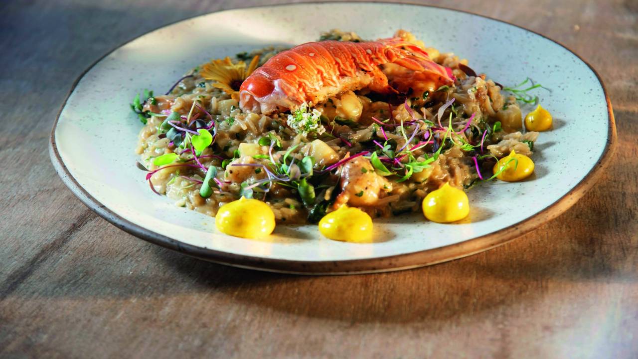 Prato de louça branca com arroz coberto por calda de lagosta com bolotas de aioli amareladas nas bordas.