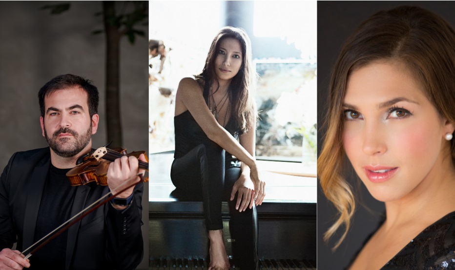 Três imagens: À esquerda, homem tocando violino; ao centro, mulher sentada; à direita, rosto de mulher loira