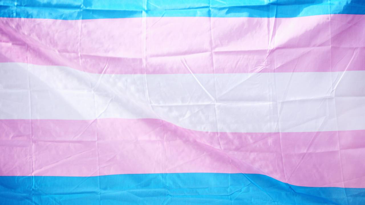 uma bandeira em tons de branco, azul claro e rosa claro