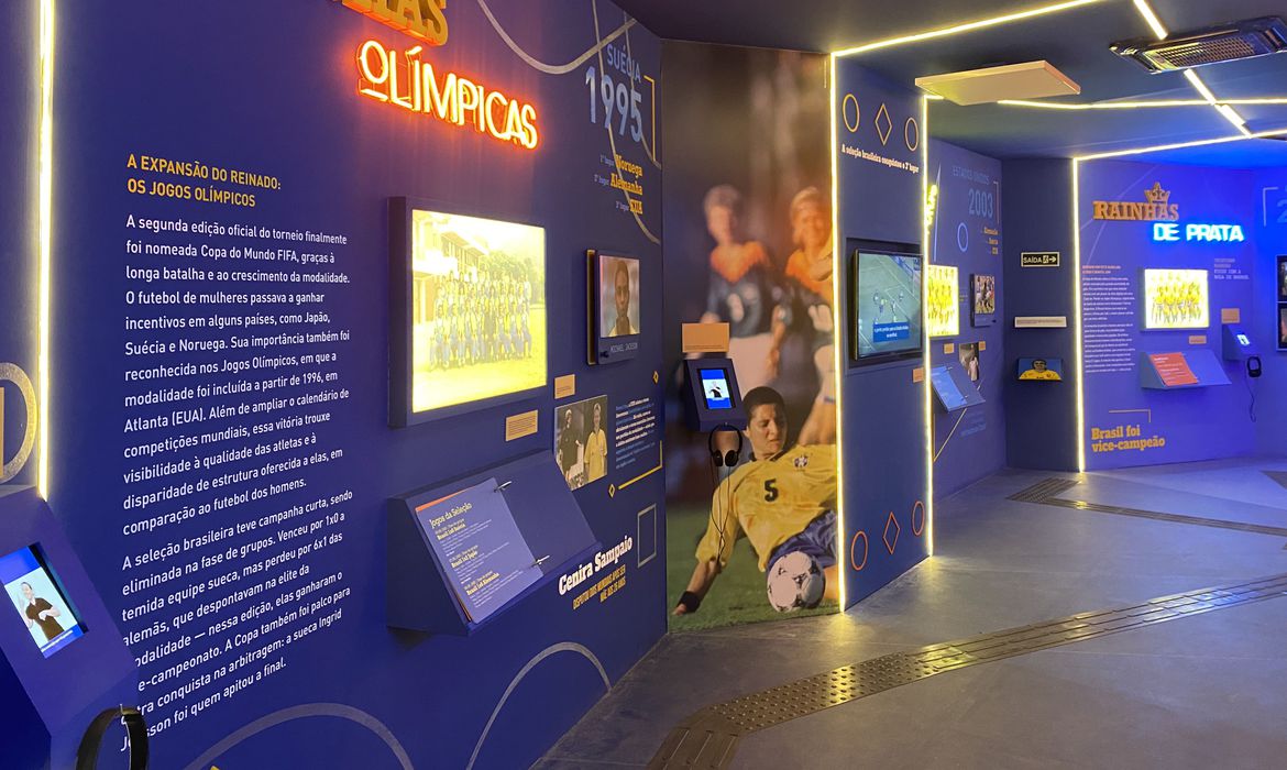 a imagem mostra uma parede de um museu com telas que mostram jogadores de futebol