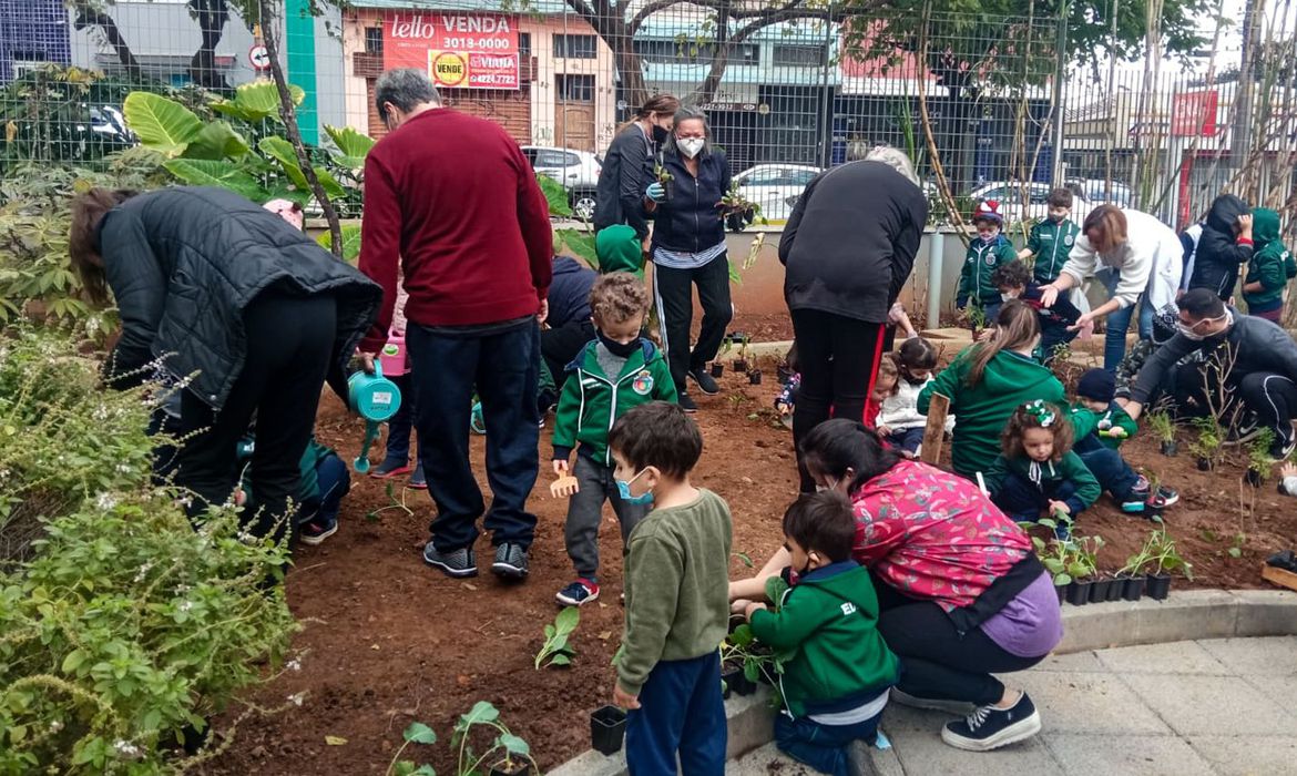 adultos e crianças manipulando plantas em uma horta