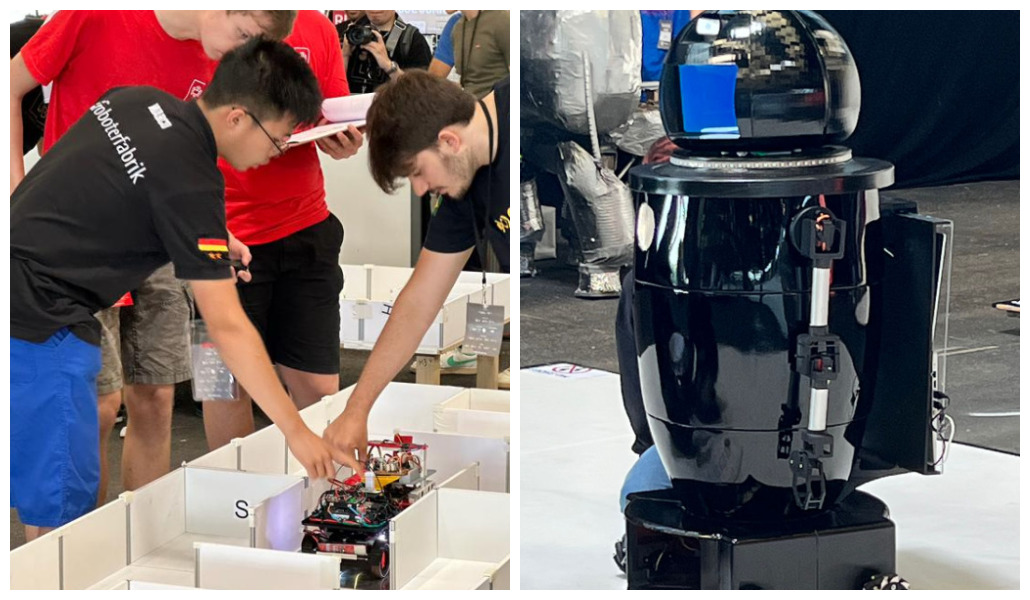 Montagem mostra duas fotos, à direita dois alunos seguram robô em pequena pista do tipo labirinto. À direita, robô da equipe Momentum Robotics