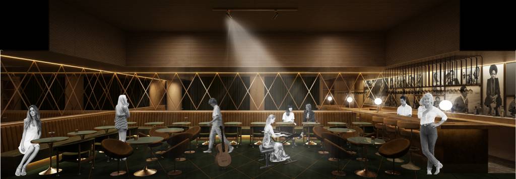Hotel Pulso – Bar (Studio Arthur Casas-Divulgação) (1) Imagem 3D exibe bar escuro com espelhos e pessoas em circulação.