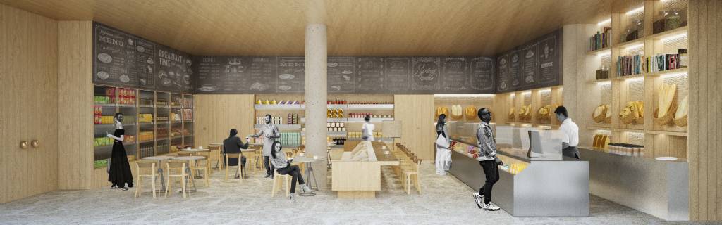 Hotel Pulso – Boulangerie (Studio Arthur Casas-Divulgação) (2) Imagem 3D exibe padaria com pessoas em circulação.