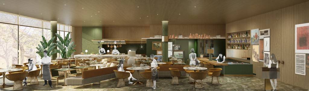 Imagem 3D exibe restaurante com pessoas em circulação.