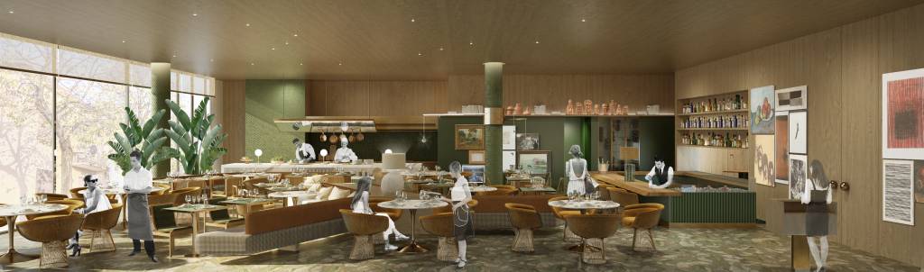 Hotel Pulso – Restaurante (Studio Arthur Casas-Divulgação) (2) Imagem 3D exibe restaurante com pessoas em circulação.