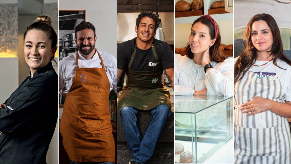 Montagem com fotos de cinco chefs juntos.