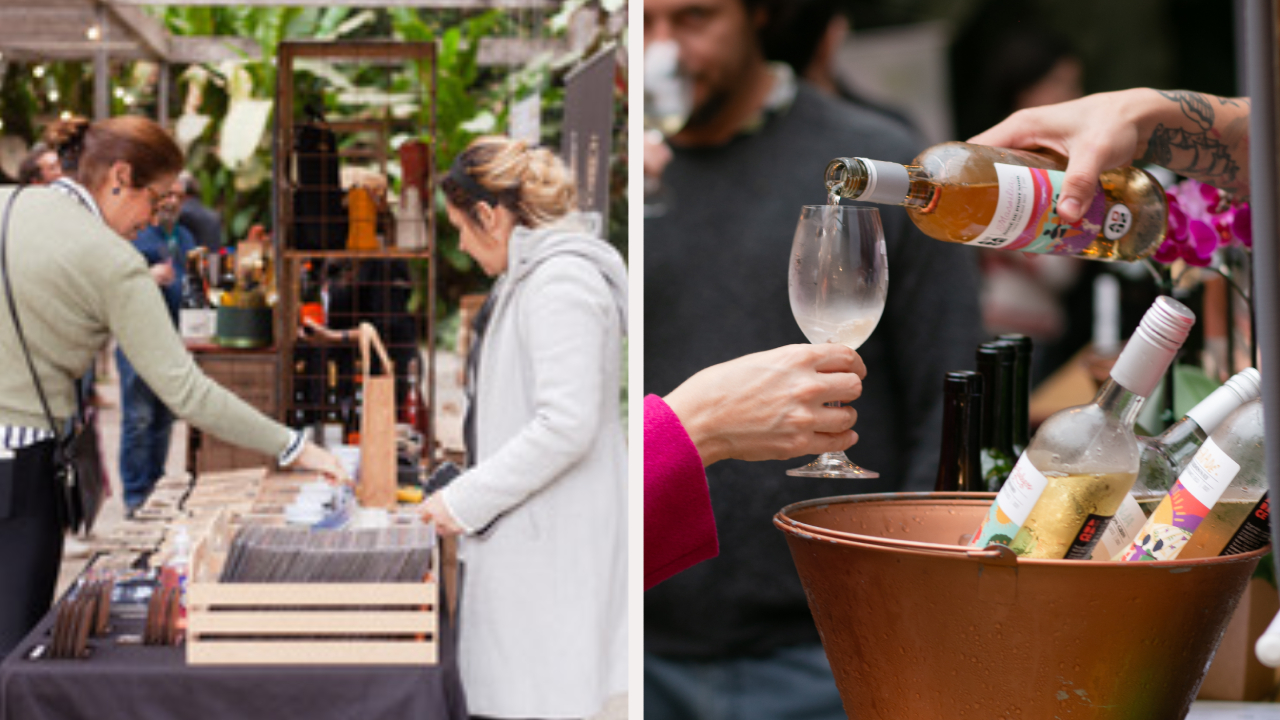 Duas imagens unidas por linha fina. À esquerda, feira de vinhos com mulher de lado olhando estande. À direita, pessoa servindo taça de vinho rosé.