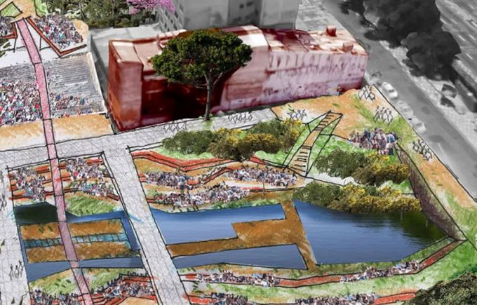 ParquedoBixiga . A versão integra uma arena ao ar livre, passarelas e permitem acomodação da água do córrego que passa abaixo do nível do solo