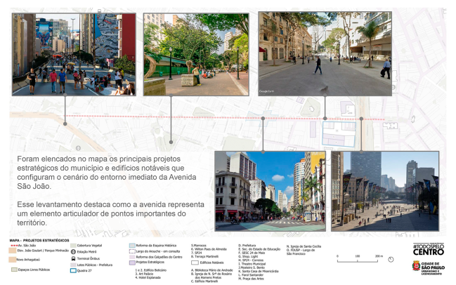Mapa mostra Avenida São João e fotos de pontos-chave da avenida, como o Minhocão, pontos de ônibus e o Vale do Anhangabaú