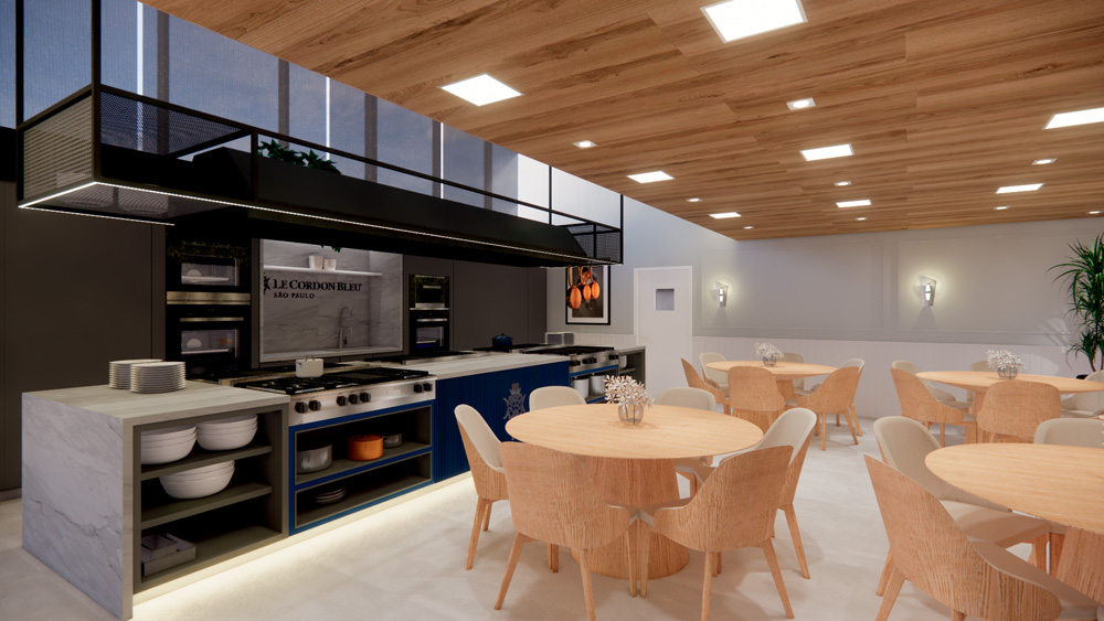 Projeto 3D de cozinha industrial no Le Cordon Bleu.