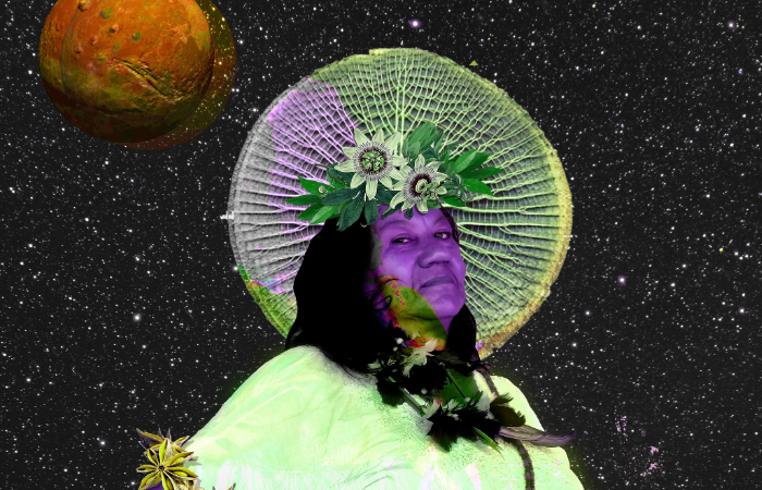 Imagem mostra foto de mulher com as mãos sobre a cintura, remixada com cores roza e verde e fundo de universo