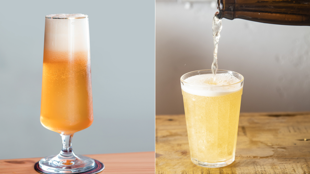 Duas imagens unidas por linha fina branca. À esquerda, taça alta de chope, à direita, copo americano sendo servido de cerveja de garrafa.