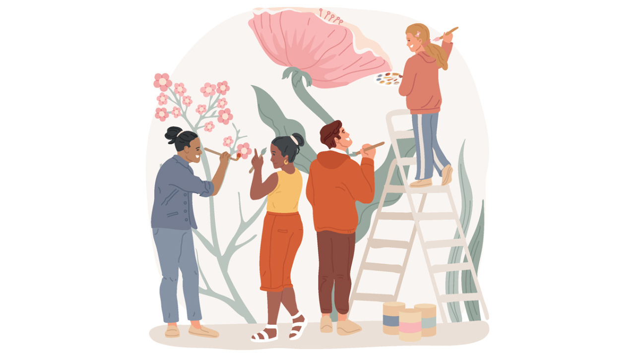 Desenho de quatro pessoas pintando flores em parede