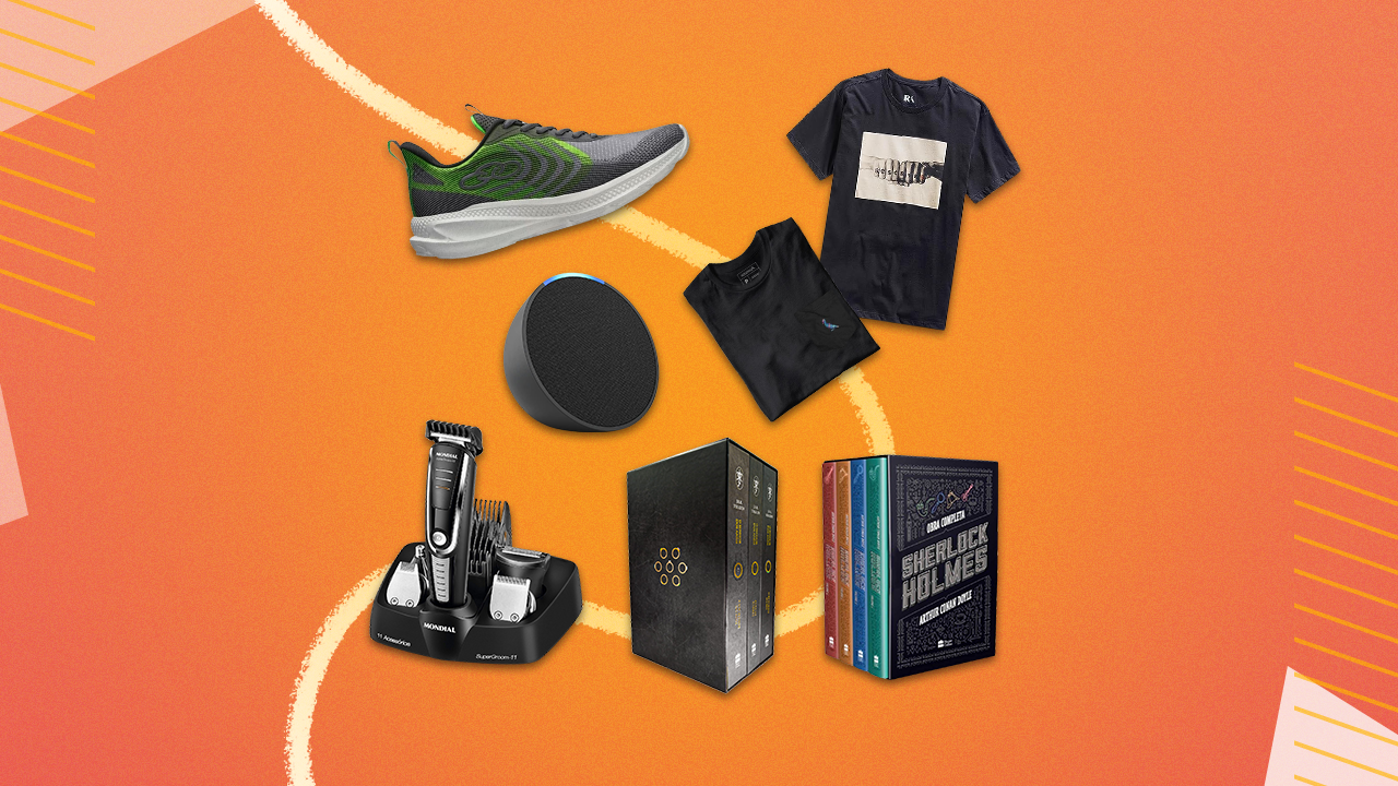 a imagem mostra opções de presentes, como livros, tênis e camiseta
