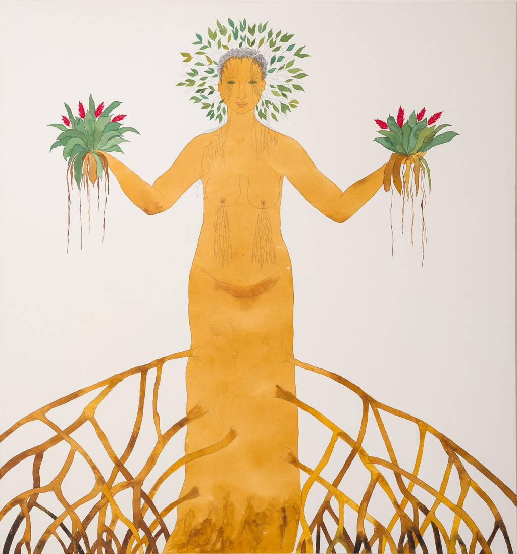 Aquarela exibe mulher em tom amarelo entrelaçada com raízes nos pés e segurando plantas nas duas mãos. Usa uma coroa de folhas.