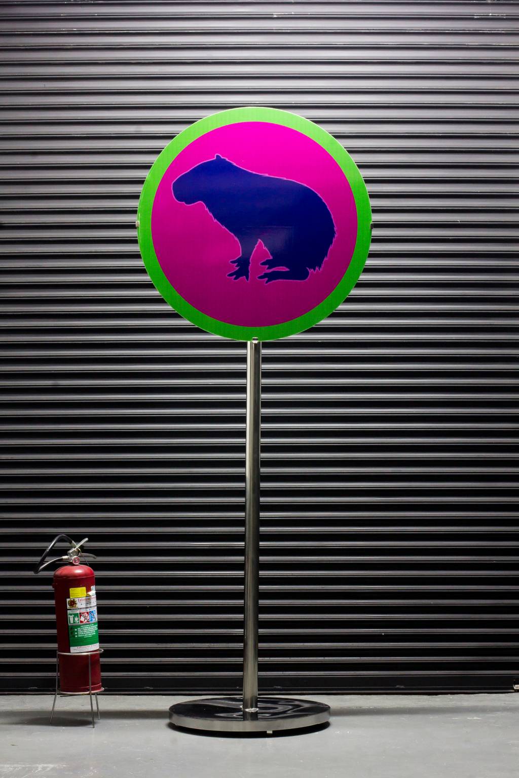 7 – Choque Cultural – Ale Jordão e Ricardo Cardim – Instalação Terra e Luz Placa Capivara (João Liberato-Divulgação) Placa de trânsito exibe silhueta de capivara em fundo rosa e borda verde.