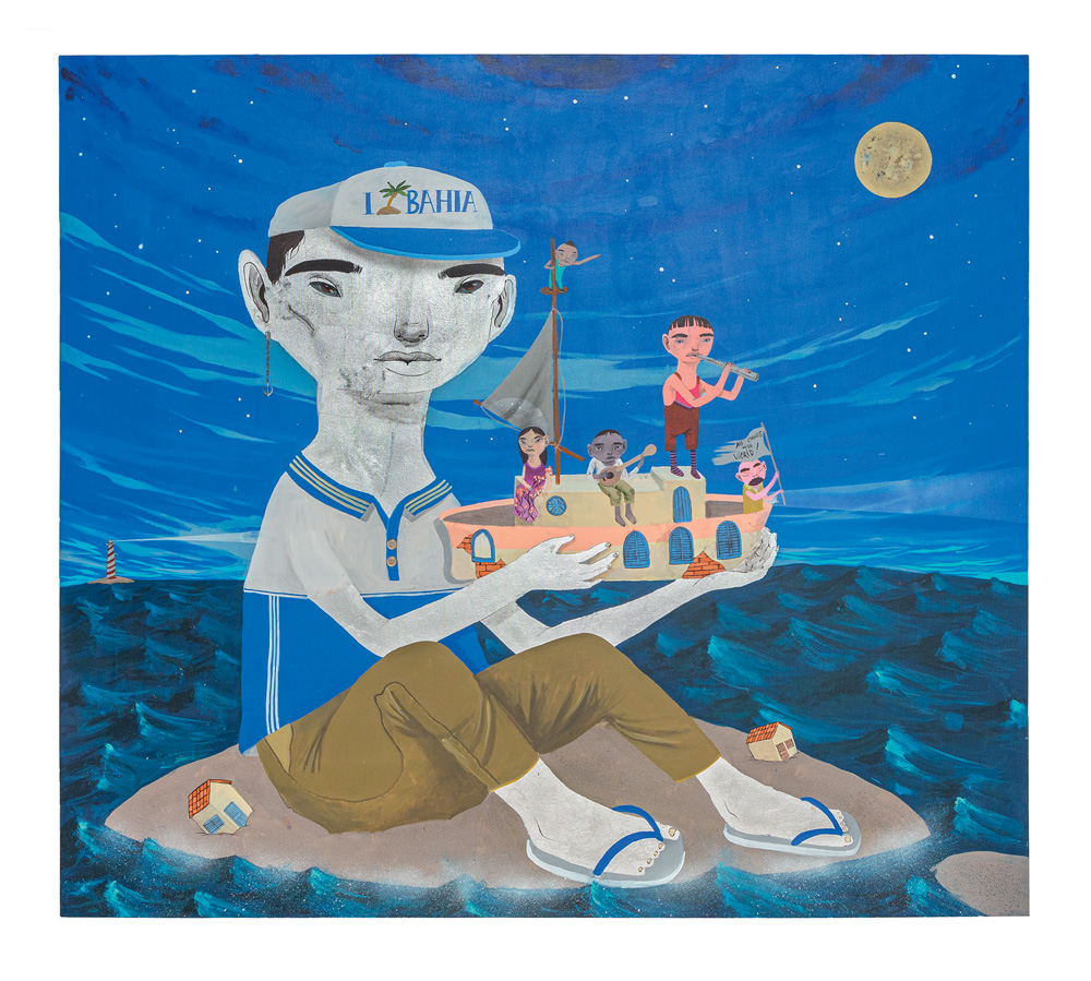 8 – Fabiano Senk (José Eduardo Ribeiro Brazuna-Divulgação) (2) Quadro com estilo de grafite exibe menino de boné segurando barquinho com pessoas. Ele está sentado num pedaço de areia envolto pelo mar, à noite.