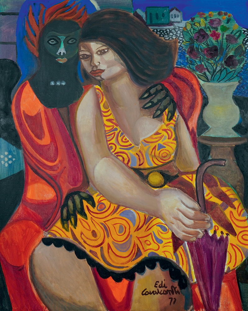Óleo sobre tela exibe mulher abraçada com homem negro. Ela veste vestido laranja e segura guarda-chuva roxo fechado. Ele veste roupa avermelhada.