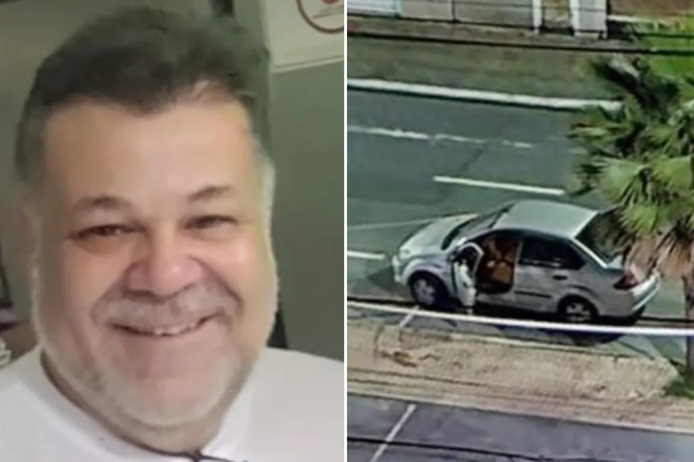 Montagem exibe duas fotos, à esquerda homem branco de barba rala grisalha. À direita imagens de circuito exibem carro sendo abordado por criminoso.