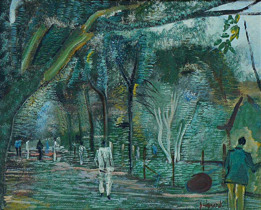 Quadro de paisagem verde exibe cenário de árvores com homem vestido de branco no centro, em uma espécie de parque.
