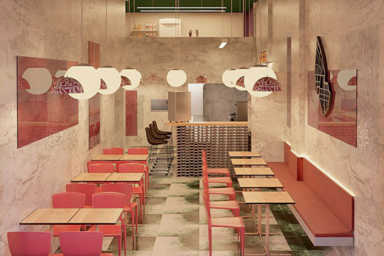 Projeto do salão do bar com cadeiras vermelhas e mesas de madeira. Luminárias redondas no teto.