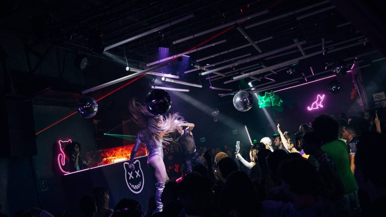 Foto exibe pista escura com plateia de pé e drag queen de peruca prateada dançando no palco.