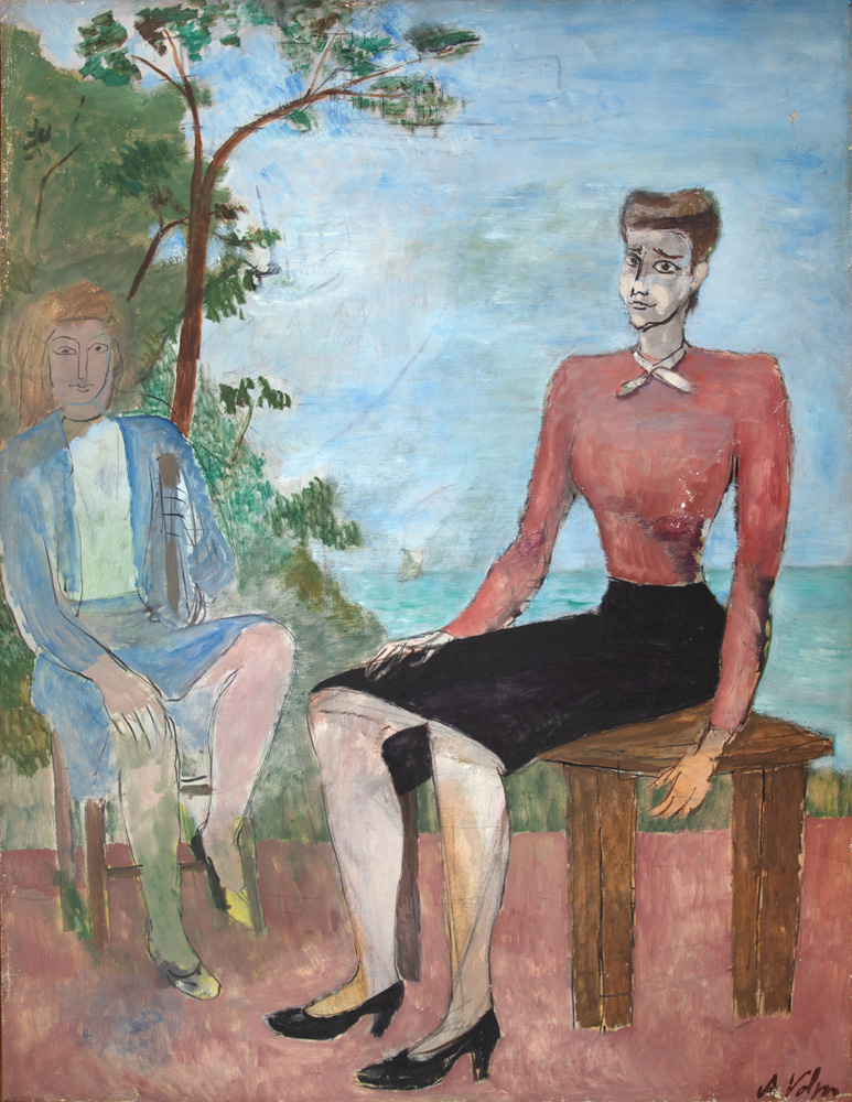 Quadro exibe retrato de mulher sentada ao lado de outra figura. Obra tem tuns claros e natureza com céu azul ao fundo.
