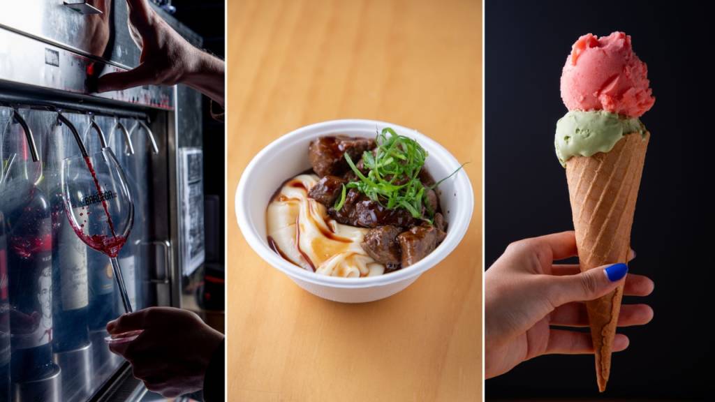 FEIRA DOS CAMPEÕES COMER E BEBER 2023 Três imagens diferentes separadas por um traços brancos. A da esquerda mostra uma mão segurando uma taça enquanto vinho tinto cai dentro dela. A do meio mostra um pote branco com aligot e filé mignon. A da direita mostra uma mão segurando uma casquinha de sorvete com duas bolas, uma verde e uma rosa.