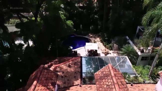 Imagem mostra telhado de casa e, ao fundo, piscina, rodeada de árvores