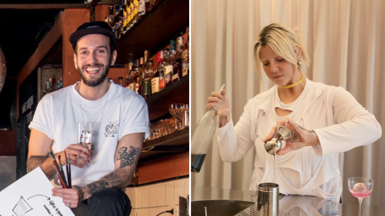 Duas imagens separadas por uma linha branca. À direita, o retrato de um homem segurando um copo e alguns pincéis, sorri para a foto. À esquerda, uma mulher loira com blusa branca prepara um drinque.