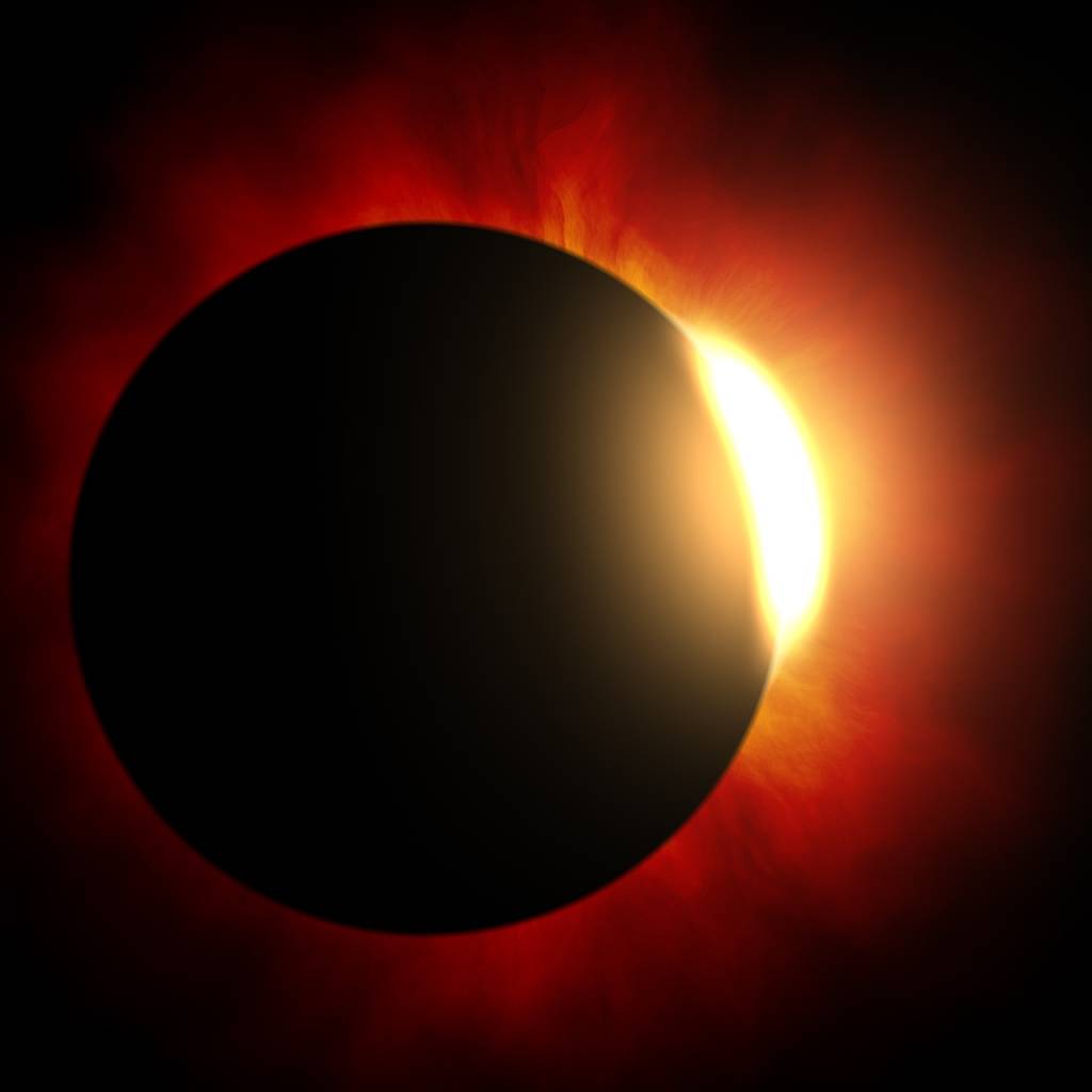 Imagem mostra Sol tapado pela Lua, com anéis brilhantes no entorno da Lua