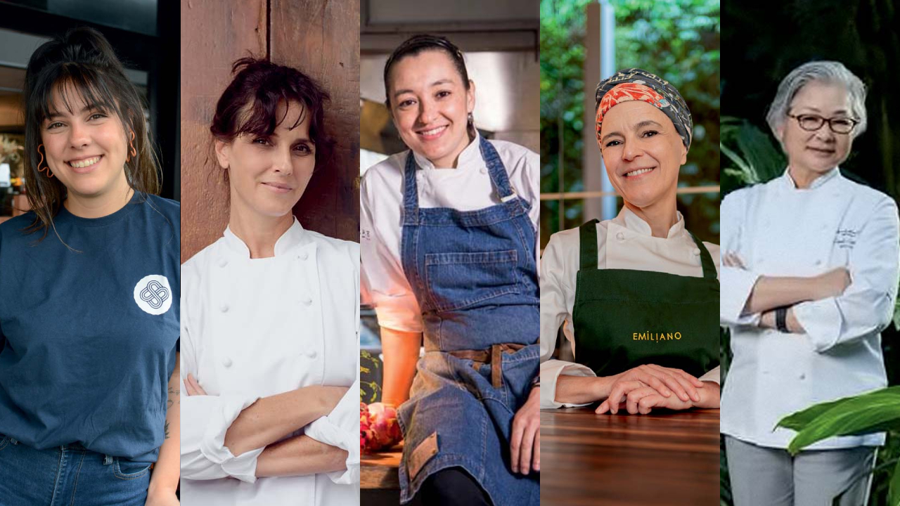 cinco imagens verticais de mulheres chefs unidas por linha fina branca