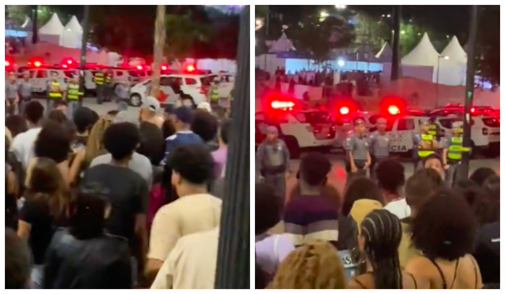 Montagem mostra dois frames de vídeo que exibe público e, ao fundo, diversas viaturas e policiais militares no espaço aberto do Anhangabaú, de noite