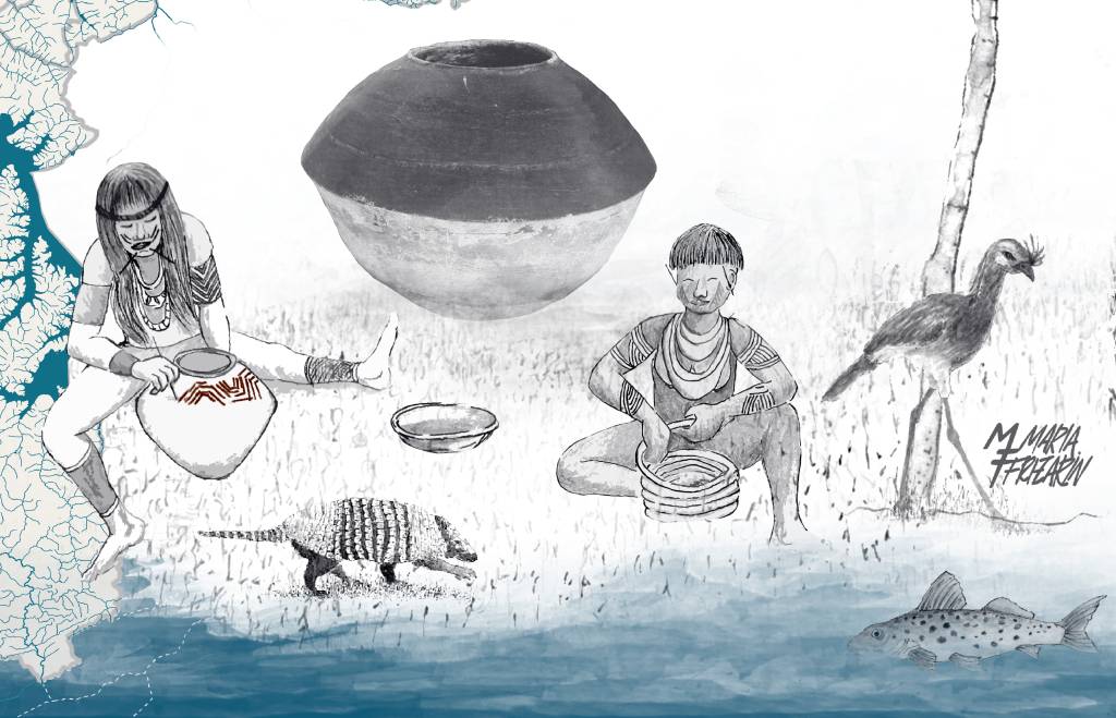 Imagem mostra desenho de urna funerária e de dois indígenas trabalhando em itens de cerâmica, assim como tatus, peixes e outros animais